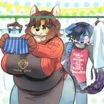 abstract_background anthro apron big_breasts blue_body blue_fur blue_hair blush bodily_fluids bottomwear boxers_(clothing) bra breasts brown_body brown_fur brown_hair clothed clothes_line clothes_pin clothing constricted_pupils curvy_figure denim denim_bottomwear denim_clothing duo female female_anthro fur green_eyes hair hair_over_eye hanger holding_bra holding_clothing holding_object holding_underwear huge_breasts jeans kemono larger_female laundry male mature_female one_eye_obstructed overweight pants pupils shirt size_difference small_pupils smaller_male smile sweat sweater text text_on_clothing text_on_shirt text_on_topwear topwear underwear voluptuous wide_hips utsuki_maito haruki_no_saidai_no_teki_wa_risei haruki_tagokoro madoka_tagokoro canid canine canis domestic_dog mammal 1:1 2021 japanese_text translated stepmother_(lore) stepmother_and_stepchild_(lore) stepmother_and_stepson_(lore) stepparent_(lore) stepparent_and_stepchild_(lore) stepparent_and_stepson_(lore) stepson_(lore)