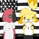 american_flag anthro clothing duo female flat_chested rapper simple_eyes topwear united_states_of_america blendedmeal animal_crossing nintendo outkast cherry_(animal_crossing) isabelle_(animal_crossing) canid canine canis domestic_dog mammal 1:1 album_cover cover hi_res