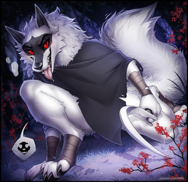 4_toes 5_fingers anthro black_border black_sclera border clothed clothing crossgender detailed_background feet female fingers forest fur grass holding_object holding_weapon looking_at_viewer mtf_crossgender night open_mouth outside plant red_eyes sickle smile solo teeth text toes tongue tree weapon white_body white_fur f-r95 dreamworks puss_in_boots_(franchise) death_(puss_in_boots) canid canine canis mammal wolf 2023 digital_media_(artwork) full-length_portrait hi_res portrait url