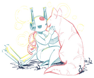 4_fingers ambiguous_gender biped bite_mark duo ear_scar eyes_closed facial_markings feral fingers forehead_markings head_markings humanoid_hands looking_at_another machine markings mouthless nude one_eye_closed petting scar scars_all_over side_view sitting tail tail_scar wire nekoyashiki rain_world videocult hunter_(rain_world) looks_to_the_moon_(rain_world) humanoid iterator_(rain_world) mammal robot robot_humanoid slugcat 2023 colored digital_drawing_(artwork) digital_media_(artwork) full-length_portrait portrait