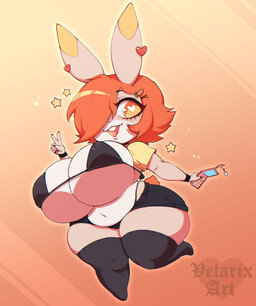 anthro belly big_breasts bikini bikini_top black_bikini black_bottomwear black_clothing black_shorts black_swimwear bottomwear breasts buckteeth carrot_hairclip cellphone chibi clothed clothing electronics eyelashes female flip_phone gesture hair hair_over_eye hand_gesture heart_ear_piercing heart_eyes heart_symbol huge_breasts legwear navel open_mouth open_smile orange_eyes orange_hair phone raised_clothing raised_shirt raised_topwear shirt shorts smile solo star swimwear tail teeth thick_thighs thigh_highs topwear two-piece_swimsuit v_sign wide_hips wristband yellow_bottomwear yellow_clothing yellow_shirt yellow_shorts yellow_topwear vetarix clare_(themushlord) lagomorph leporid mammal rabbit hi_res