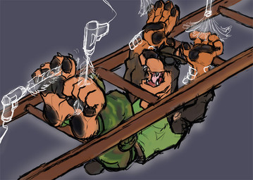 4_toes 5_fingers anthro black_body black_fur black_nose black_pawpads cleaning_tool clothed clothed_anthro clothed_male clothing disembodied_hand drill_sergeant eyewear feather_duster feet fingers fur green_clothing green_shirt green_tank_top green_topwear grey_background ladder laugh male multicolored_body multicolored_fur open_mouth open_smile orange_body orange_fur pawpads pink_tongue restrained restrained_arms shirt simple_background smile solo_focus sunglasses tail tank_top teeth tickle_torture tickling tickling_feet tickling_hands tickling_toes toes tongue topwear two_tone_body two_tone_fur wearing_hat wearing_sunglasses wrist_grab kctk canid canine canis dobermann domestic_dog ghost mammal pinscher spirit