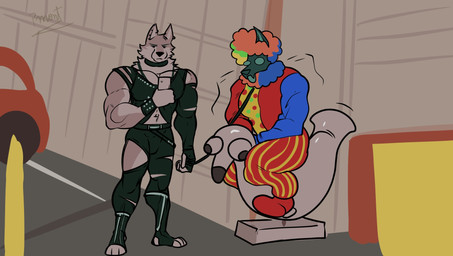 anthro barazoku belt clothed clothing clown clown_costume collar duo feet humor leather male male/male mature_anthro muscular muscular_anthro muscular_male spikes straps pinumontbalou epic_games fortnite mythology cerberus_(fortnite) wendell_(fortnite) canid canid_demon canine canis demon hellhound mammal mythological_canine mythological_creature wolf hi_res