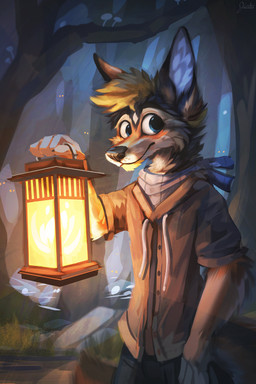anthro being_watched black_nose blue_eyes clothed clothing detailed_background forest fur hair holding_object kerchief lamp lantern looking_at_another male neckerchief neckwear outside plant solo topwear tree whiskers jacato canid canine mammal 2021 absurd_res digital_media_(artwork) digital_painting_(artwork) hi_res painting_(artwork)
