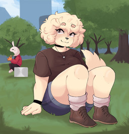 :3 anthro black_nose bottomwear breasts brown_eyebrows brown_eyes clothed clothing duo eating eyebrows eyelashes female fluffy fluffy_tail footwear freckles fur hair long_tail outside pants pupils shirt shoes short_ears shorts sitting smile socks tail tan_body tan_ears tan_fur tan_hair tan_tail thick_thighs topwear white_body white_ears white_fur skibanana jessica_(skibanana) canid canine canis domestic_dog lagomorph leporid mammal rabbit absurd_res hi_res