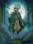 anthro black_hooves clothed clothing cloven_hooves forest forest_background grass green_eyes grey_horn hooves horn magic_user male nature nature_background plant rock solo tree unguligrade neverneverland deer mammal 2024 hi_res