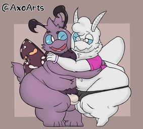 antennae_(anatomy) anthro balls belly big_butt black_clothing black_underwear bracelet bulge butt clothed clothing crop_top duo eyewear face_to_face genitals glasses hug huge_thighs hyper hyper_thighs insect_wings jewelry male obese obese_male overweight overweight_male penis pink_clothing pubes purple_body shirt slightly_chubby slightly_chubby_male standing thick_thighs thong tongue topwear underwear white_body wings axoarts tired_(tiredanon) arthropod insect lepidopteran moth digital_media_(artwork) unavailable_at_source