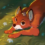 absurd_res canid canine disney doqqo_png female feral flower flower_field flower_in_fur fluffy fox grass hi_res light looking_at_viewer mammal nature nature_background plant red_fox solo sun sunlight the_fox_and_the_hound true_fox vixey_(tfath) whiskers