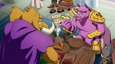 anthro brown_body brown_fur cape chatting clothed clothing eating empty_plate food fur group horn larger_anthro larger_male looking_at_another male male_anthro meeting_room purple_body purple_skin shoulder_pads sitting size_difference smaller_anthro tusks waiter joeadok altered_beast archie_comics sega sonic_the_hedgehog_(archie) sonic_the_hedgehog_(comics) sonic_the_hedgehog_(series) mammoth_mogul neff_(altered_beast) van_vader elephantid mammal mammoth prehistoric_species proboscidean rhinoceros 16:9 colored digital_drawing_(artwork) digital_media_(artwork) widescreen