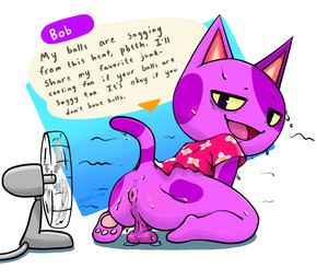 anthro anus backsack balls bodily_fluids bottomless butt clothed clothing cooling_off electric_fan floral_pattern genitals looking_at_viewer male on_ground open_mouth pawpads penis perineum puffy_anus purple_body saggy_balls shirt shirt_only solo speech_bubble spots sweat sweaty_balls sweaty_butt sweaty_genitalia tail text tongue topwear topwear_only yellow_sclera half_dime animal_crossing nintendo bob_(animal_crossing) domestic_cat felid feline felis mammal hi_res