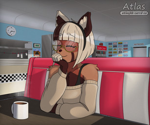 accessory anthro appliance arm_tuft arms_bent bangs beverage black_nose blonde_hair blue_wall bob_cut booth_seating bra bra_strap brown_body brown_fur brown_hair calendar checkered checkered_wall chest_tuft clock clothed clothing coffee coffee_mug countershade_torso countershading diner eyes_closed eyewear facial_markings female fridge fur furniture glasses hair hair_accessory hairband hand_on_chin head_markings inside kitchen_appliance markings mask_(marking) off_shoulder_shirt restaurant round_glasses shoulder_tuft sign sitting smile solo split_color_hair steam straight_bangs table tear_(marking) text tuft underwear atlas_jkb rae_(atlas_jkb) ailurid mammal red_panda 6:5 absurd_res english_text hi_res shaded watermark