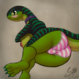 4_toes anthro big_breasts big_butt big_eyes black_body black_scales blush blush_lines bottomwear breasts bulge butt butt_focus claws clothed clothing collar embarrassed eyelashes feet frilly frilly_clothing frilly_panties frilly_underwear green_body green_claws green_eyes green_scales green_stripes gusset gynomorph huge_breasts intersex long_neck looking_at_viewer looking_back looking_back_at_viewer lying multicolored_body multicolored_scales nipple_piercing nipples non-mammal_breasts non-mammal_nipples on_side panties panties_bulge panties_only pattern_bottomwear pattern_clothing pattern_panties pattern_underwear piercing pink_clothing pink_panties pink_underwear purple_collar rear_view red_nipples scales snout solo striped_body striped_bottomwear striped_clothing striped_panties striped_scales striped_underwear stripes tail tail_dimple thick_tail thick_thighs toe_claws toes topless underwear underwear_only ventral_scales yellow_body yellow_scales spe ophelia_(spe) boomslang colubrid reptile scalie snake 1:1 2025 absurd_res dated digital_drawing_(artwork) digital_media_(artwork) hi_res krita_(artwork) procreate_(artwork) shaded signature soft_shading trans_(lore) trans_woman_(lore)