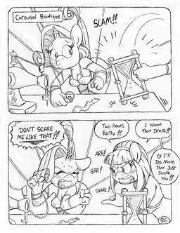 annoyed anthro bdsm big_butt blush blush_lines bodily_fluids bondage bound boutique bra butt clothed clothed_anthro clothed_female clothing cutie_mark dialogue dominant dominant_anthro dominant_female duo eyelashes female forced fully_clothed fully_clothed_anthro fully_clothed_female horn horn_jewelry horn_ring hourglass_(object) inhibitor_ring jewelry magic_inhibitor magic_suppression partially_clothed_anthro partially_clothed_female ring_(jewelry) scared sewing_machine sewing_needle speech_bubble submissive submissive_anthro submissive_female sweat text text_box thread underwear unicorn_horn wrapped wrapped_arms wrapped_up yelling circe_(artist) friendship_is_magic hasbro my_little_pony mythology blue_nile_(mlp) rarity_(mlp) earth_pony equid equine horse mammal mythological_creature mythological_equine pony unicorn black_and_white comic english_text monochrome traditional_media_(artwork)
