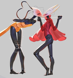 antennae_(anatomy) anthro anthro_on_anthro arms_tied aroused black_body blush bound breath cloak clothing emanata female female/female kissing legs_tied red_cloak red_clothing segmented_body translucent translucent_clothing austinarts4 hollow_knight:_silksong hollow_knight_(franchise) team_cherry hornet_(hollow_knight) shakra_(hollow_knight:_silksong) arachnid arthropod insect spider 2025 absurd_res hi_res