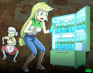 abstract_background blonde_hair bottle container dancing duo eyes_closed eyewear female green_eyes hair heart_symbol humor long_hair medicine nuka-cola nuka-cola_quantum potion simple_background smile surprised water uotapo equestria_girls fallout hasbro microsoft my_little_pony applejack_(eg) granny_smith_(eg) human mammal 2014 crossover