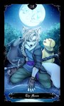 anthro biped braided_hair card card_template claws clothed clothing feral fingers floppy_ears fortune_telling full_moon group hair howl major_arcana melee_weapon moon paws sword tail tarot tarot_card the_moon_(tarot) water weapon bastionshadowpaw lum_the_wolf canid canine canis domestic_dog mammal wolf hi_res