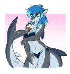 2019 absurd_res ambris anthro beverage bikini blue_eyes blue_hair blush breasts bubble_tea clothed clothing container cup digital_media_(artwork) drinking ear_piercing erika_(ambris) female fin fish furgonomics furry-specific_piercing hair hands-free_bubble_tea hi_res marine meme multicolored_hair non-mammal_breasts object_between_breasts piercing shark solo straw_(disambiguation) swimwear tail tail_piercing two_tone_hair