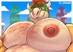 2_horns absurd_res areola artist_name big_pecs body_hair bowser chest_hair detailed digital_media_(artwork) expressions facial_hair foreshortening hair hairy hi_res horn king koopa looking_at_viewer male mario_bros moobs multicolored_body nintendo nipples non-mammal_nipples pecs red_eyes red_hair royalty scalie solo soul_devouring_eyes uncanny_valley wardraws white_body yellow_arms