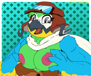 anthro areola aviator_cap beak big_breasts black_eyes blue_background blue_body blue_feathers border breasts brown_clothing brown_topwear clothing exposed_breasts eyelashes feathers female flashing flashing_breasts front_view green_body green_feathers grey_body grey_feathers hand_on_breast nipples non-mammal_breasts non-mammal_nipples open_mouth pink_areola pink_nipples scarf simple_background solo topwear white_body white_border white_feathers white_scarf winged_arms wings yellow_body yellow_feathers thevgbear indigo_park mollie_macaw avian bird macaw neotropical_parrot parrot true_parrot 6:5 hi_res