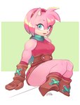 accessory anthro belt clothing dress female fur green_eyes hair_accessory hairband leg_warmers legwear looking_at_viewer pink_body pink_fur sitting smile solo thick_thighs wristband zelen sega sonic_the_hedgehog_(series) amy_rose eulipotyphlan hedgehog mammal colored hi_res