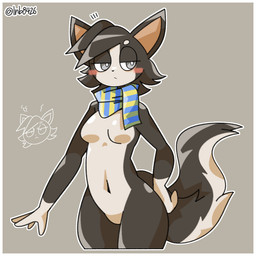 anthro border breasts circle_eyebrows clothing countershading emoji_description eyebrows featureless_breasts featureless_crotch female female_anthro fingers front_view fur gloves_(marking) grey_background grey_body grey_fur hair hand_on_hip looking_aside markings medium_breasts mostly_nude mouth_closed narrowed_eyes navel pattern_clothing pattern_scarf scarf scarf_only simple_background solo striped_clothing striped_scarf stripes tail text white_border lnb zoey_lambert canid canine canis domestic_dog mammal 1:1 2025 artist_name digital_drawing_(artwork) digital_media_(artwork) portrait three-quarter_portrait