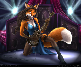 anthro clothing curtains dress electric_guitar female guitar legwear musical_instrument playing_guitar playing_music plucked_string_instrument solo speaker stage stockings string_instrument kappy cassie_the_rock_vixen canid canine fox mammal