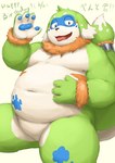 anthro belly big_belly black_nose blush brown_body brown_fur fur green_body humanoid_hands kemono navel overweight simple_background sitting solo tongue tongue_out barontoko pento_(kamiyu) canid canine mammal 2022 absurd_res hi_res