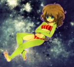 blue_eyes blush clothing detailed_background feet female floating green_body green_skin hindpaw lying panties paws solo space spacescape star toes underwear minxy frogela amphibian frog