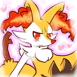 ambiguous_anthro ambiguous_gender anthro arm_tuft biped black_body black_fur blush blush_lines cheek_tuft chest_tuft facial_tuft front_view fur heart_symbol hip_tuft inner_ear_fluff looking_at_viewer mouth_closed multicolored_body multicolored_fur no_pupils nude_ambiguous nude_anthro object_in_tail orange_body orange_eyes orange_fur orange_inner_ear_fluff outline pointy_ears prick_ears reclining red_nose shoulder_tuft simple_background solo stick stick_in_tail tail tapering_snout tuft wavy_mouth white_background white_body white_fur yellow_body yellow_fur yellow_tail annyui0611 nintendo pokemon braixen canid generation_6_pokemon mammal pokemon_(species) 1:1 2021 cel_shading digital_drawing_(artwork) digital_media_(artwork) hi_res japanese_description shaded translated_description
