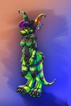 blue_eyes breasts digitigrade female green_markings green_nose green_pawpads hair long_ears markings medium_breasts pawpads purple_hair ring_(marking) ringed_tail simple_background smile standing striped_markings striped_tail stripes tail tail_markings drqube crux 2:3 hi_res