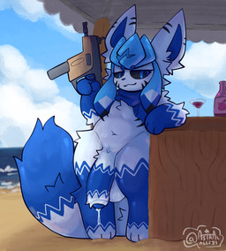 alcohol anthro balls bar beach beverage big_balls big_penis bodily_fluids detailed_background flaccid fluffy_penis genital_fluids genitals gun kriss_vector male outside penis precum public public_nudity ranged_weapon sand sea solo submachine_gun tail water weapon wine astralalexys nintendo pokemon geopold_(freeziepop) eeveelution generation_4_pokemon glaceon humanoid pokemon_(species) hi_res