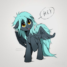 blue_hair blue_tail cutie_mark ears_down feathered_wings feathers female feral greeting grey_background hair looking_up nude open_mouth pivoted_ears simple_background solo speech_bubble standing tail text wings yellow_eyes azzai hasbro my_little_pony mythology fan_character equid equine mammal mythological_creature mythological_equine pegasus 1:1 2021 colored colored_sketch digital_drawing_(artwork) digital_media_(artwork) english_text shaded simple_shading sketch