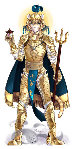 alternate_species anthro armor biped blonde_hair breastplate cape clothed clothed_anthro clothed_male clothing couter cuisse duo front_view furgonomic_headwear furgonomics furrification gem gold_(metal) gold_armor gorget hair halo hat_feather headgear headwear helmet holding_melee_weapon holding_object holding_polearm holding_trident holding_weapon humanoid_hands inner_ear_fluff looking_aside loose_feather male male_anthro melee_weapon pelvic_curtain polearm sabatons schynbalds shoulder_guards simple_background solo_focus standing tail tassels trident tuft vambrace weapon whiskers white_background wide_stance schwarzer_(artist) asian_mythology buddhist_mythology mythology vaishravana deity felid mammal pantherine spirit tiger 2024 digital_media_(artwork) hi_res japanese_description signature