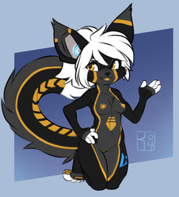 anthro black_body black_fur breasts female fur genitals hair machine orange_body orange_eyes orange_fur shortstack shortstack_female solo vulva white_hair reign-2004 warning_(fluff-kevlar) android felid mammal robot 2019 digital_media_(artwork) hi_res