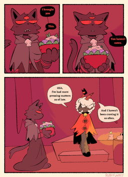 2_horns 3_eyes ambiguous_anthro ambiguous_gender anthro bowl clothed clothed_ambiguous clothing container dialogue duo food fur holding_bowl holding_container holding_food holding_object horn multi_eye red_eyes speech_bubble talking_to_another text white_body white_fur white_wool wool_(fur) rubyfunkey cult_of_the_lamb massive_monster_(studio) lamb_(cult_of_the_lamb) narinder bovid caprine domestic_cat felid feline felis mammal sheep 2024 comic digital_drawing_(artwork) digital_media_(artwork) english_text hi_res