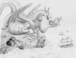 belly big_belly bodily_fluids cave destruction eating female feral holding_vehicle horn macro neck_bulge open_mouth saliva sea sharp_teeth ship simple_background swallowing tail teeth tongue tongue_out vehicle vore water watercraft wings beuwens-folder european_mythology mythology dragon mythological_creature mythological_scalie scalie western_dragon absurd_res hi_res monochrome