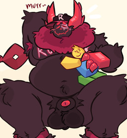 animal_genitalia animal_penis anthro ball_tuft balls belly biped blocky_body brown_body brown_fur cuddling duo foreskin fur genitals male monotone_background peeking_penis penis red_body red_fur resting sheath simple_background sitting size_difference slightly_chubby smile solo_focus tuft koi_567 forsaken_(roblox) roblox guest_666_(forsaken) noob_(forsaken) noob_(roblox) demon monster robloxian 2025 hi_res nonbinary_(lore)