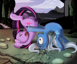 bodily_fluids broken_bone cloud cracked_ground crying cutie_mark duo female feral fur hair multicolored_hair outside pain plant purple_body purple_eyes purple_fur purple_hair quadruped sky suplex tail tears tree two_tone_hair wood ponykillerx friendship_is_magic hasbro my_little_pony trixie_(mlp) twilight_sparkle_(mlp) equid equine horse mammal pony 6:5 shaded