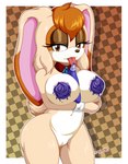 anthro big_breasts border breasts eyelashes female frosting frosting_on_breasts genitals hair icing icing_bag long_ears looking_at_viewer pattern_background pussy simple_background solo white_border mrdeepay sega sonic_the_hedgehog_(series) vanilla_the_rabbit lagomorph leporid mammal rabbit 2021 hi_res