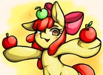 accessory apple apple_on_head balancing_object bow_(feature) bow_accessory bow_ribbon centered_hair_bow female feral food front_view fruit fruit_on_head hair hair_accessory hair_bow hair_ribbon hooves navel object_on_head open_mouth orange_eyes plant quadruped red_hair ribbons solo kyouman friendship_is_magic hasbro my_little_pony apple_bloom_(mlp) earth_pony equid equine horse mammal pony 2021 hi_res