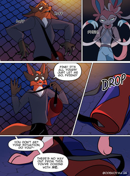 blue_eyes breath chain_link_fence claws clothed clothing dialogue duffel_bag duo finger_claws glowing glowing_eyes male panting speech_bubble text odeko-yma nintendo pokemon pokemon_mystery_dungeon spike_chunsoft pix_(odeko-yma) eeveelution generation_6_pokemon generation_8_pokemon pokemon_(species) sylveon thievul 2026 absurd_res comic digital_media_(artwork) english_text hi_res signature