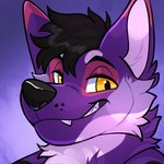 anthro black_body black_fur black_snout fangs fur grin male markings open_mouth pink_body pink_fur pink_inner_ear purple_body purple_fur smile snout solo spots spotted_markings teeth yellow_eyes rindeadsong 1:1 2024 bust_portrait portrait