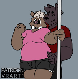 anthro bottomwear clothed clothing dancing denim denim_bottomwear denim_clothing duo ear_piercing eyebrows grinding hand_on_hip hotpants jeans male male/male moobs muscular overweight pants piercing pole pole_dancing shirt shorts slightly_chubby thick_eyebrows thick_thighs topwear tusks vrart1 lucus_falcon_(vrart1) vii_rii_(vrart1) domestic_pig hyena mammal spotted_hyena suid suine sus_(pig) wild_boar hi_res