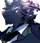 anthro black_body black_fur clothing fur horn male necktie pink_nose red_eyes solo suit grass_jeak lifewonders tokyo_afterschool_summoners mephistopheles_(tas) bovid caprine goat mammal bust_portrait hi_res portrait