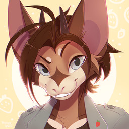 ambiguous_anthro ambiguous_gender anthro big_ears brown_body brown_fur brown_hair cheek_tuft clothed clothing facial_tuft fangs front_view fur glistening glistening_eyes grey_clothing grey_eyes grey_jacket grey_topwear grin hair jacket looking_at_viewer messy_hair open_clothing open_jacket open_topwear orange_body orange_fur pink_inner_ear simple_background smile solo teeth topwear tuft bloominglynx bat mammal 1:1 bust_portrait hi_res portrait signature
