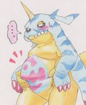 ambiguous_gender animal_skin anthro belly claws ellipsis horn moobs overweight pinching_belly red_eyes simple_background solo white_background yellow_body tabasukotrr bandai_namco digimon digimon_(species) gabumon hi_res traditional_media_(artwork)