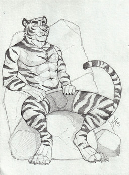 abs anthro bulge clothed clothing facial_markings front_view fur glistening glistening_eyes head_markings looking_at_viewer male male_anthro markings muscular muscular_anthro muscular_male pecs rock sitting smile solo striped_arms striped_body striped_face striped_fur striped_legs striped_markings striped_tail stripes tail tail_markings topless hufnaar felid mammal pantherine tiger 2020 dated hi_res monochrome sketch