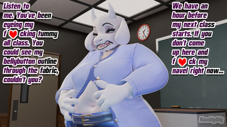 4_fingers anthro bared_teeth bedroom_eyes belly classroom claws clothed clothed_anthro clothed_female clothing clothing_pull college deep_navel female fingers frustrated fur half-closed_eyes horn jewelry narrowed_eyes navel necklace pendant propositioning school seductive solo teacher_clothing teeth white_body white_fur nauddyody twilightv0ids_(modeler) deltarune undertale_(series) toriel toriel_(deltarune) toriel_(undertale) bovid caprine goat mammal 16:9 3d_(artwork) digital_media_(artwork) hi_res widescreen