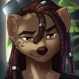 accessory alternative_fashion anthro bridge_piercing brown_body brown_eyes dreadlocks facial_piercing facial_tattoo hair hair_accessory looking_at_viewer male nose_piercing piercing smile solo tattoo omesore lennox_cook small_indian_mongoose 1:1