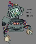 battery blush blush_lines female green_blush grey_background grey_body grin lying machine mechanic meter not_furry on_back on_model plug simple_background smile solo text wire wire_hair yellow_nose critterscrawl don't_hug_me_i'm_scared electracey robot 5:6 english_text hi_res